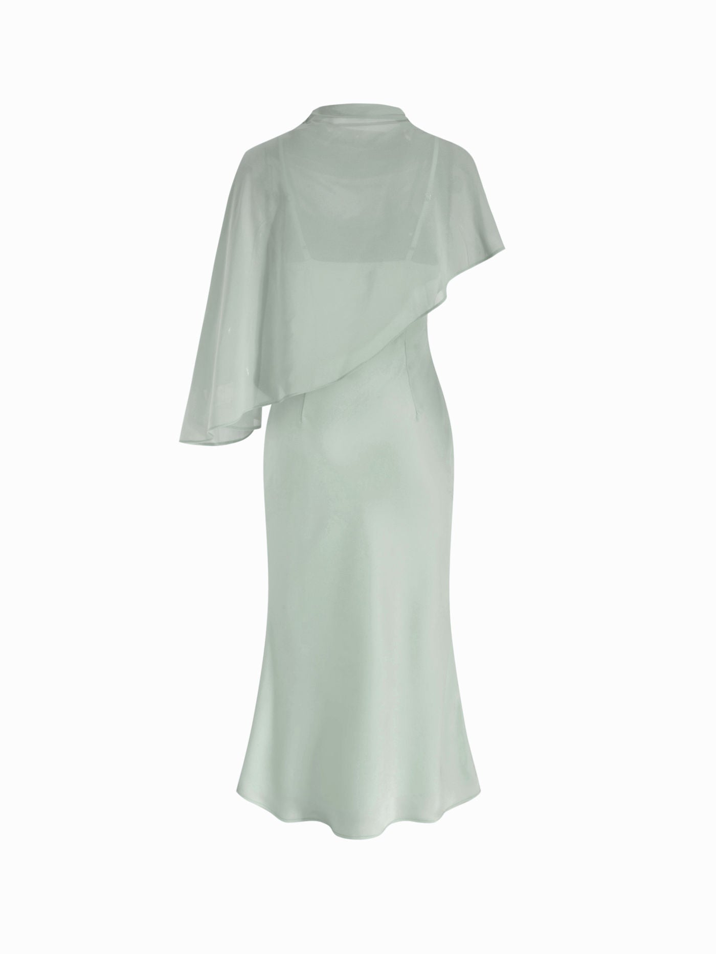 Vestido Maxi de satén con cuello alto y mangas capa - Verde
