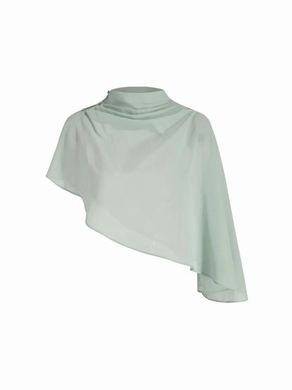 Vestido Maxi de satén con cuello alto y mangas capa - Verde
