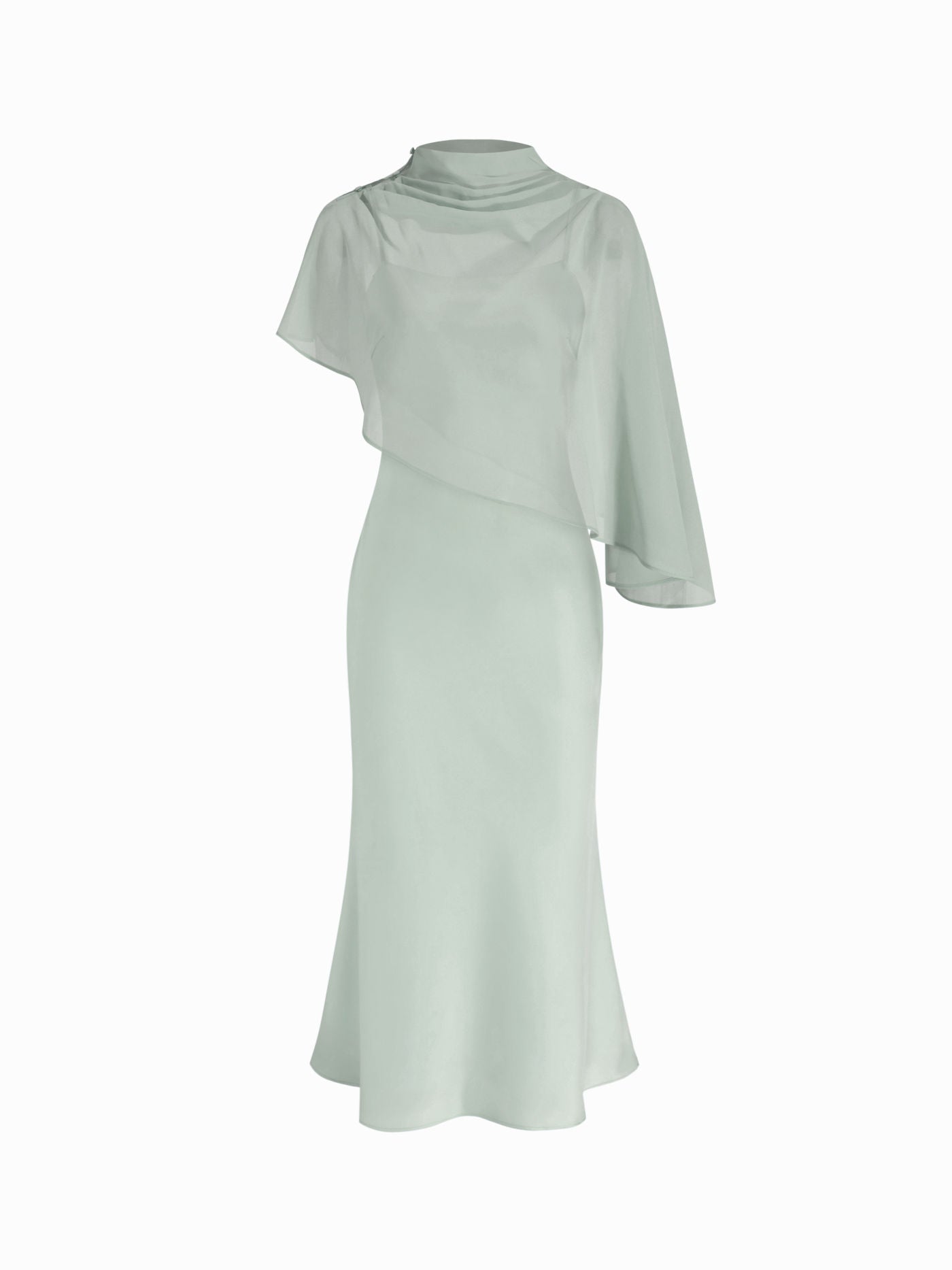 Vestido Maxi de satén con cuello alto y mangas capa - Verde