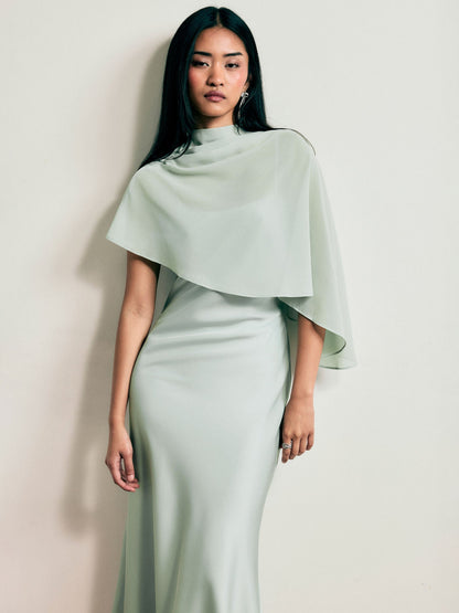 Vestido Maxi de satén con cuello alto y mangas capa - Verde