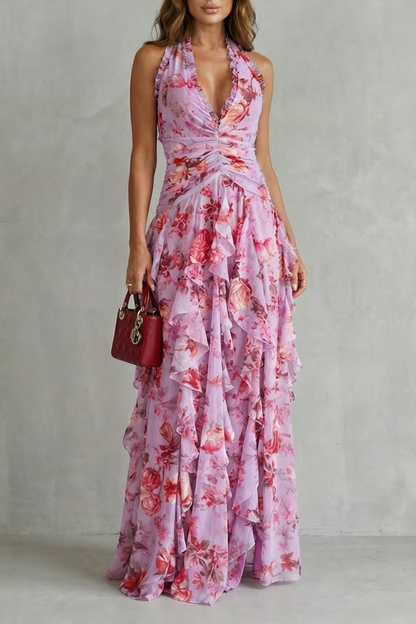 Belladina | Vestido largo con escote halter y cascada romántica de rosas