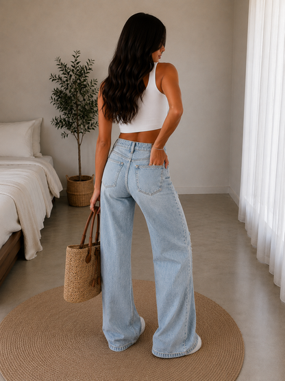 Pantalón Vaquero Roto de Pierna Ancha para Mujer