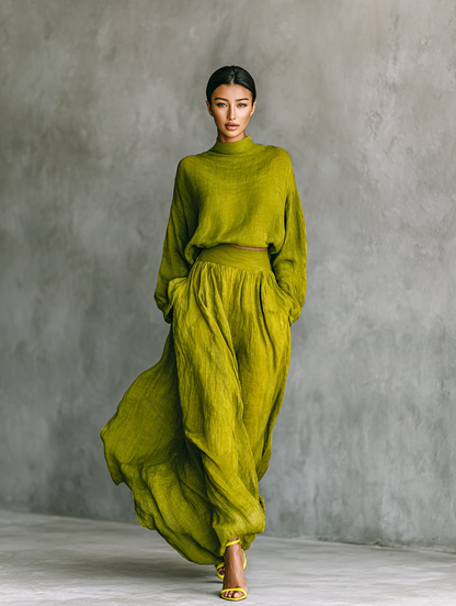 Conjunto Mujer Algodón Lino Verde Con Pantalón Ancho