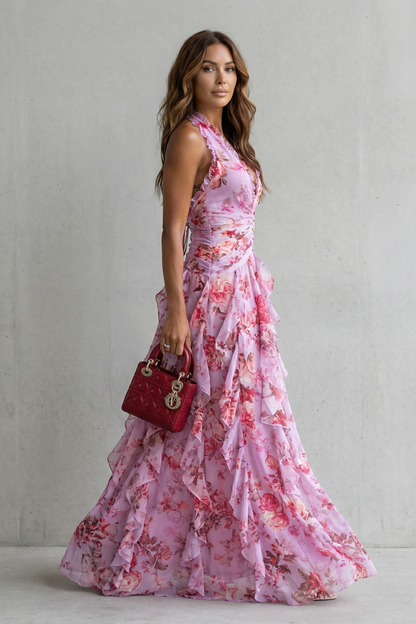 Belladina | Vestido largo con escote halter y cascada romántica de rosas