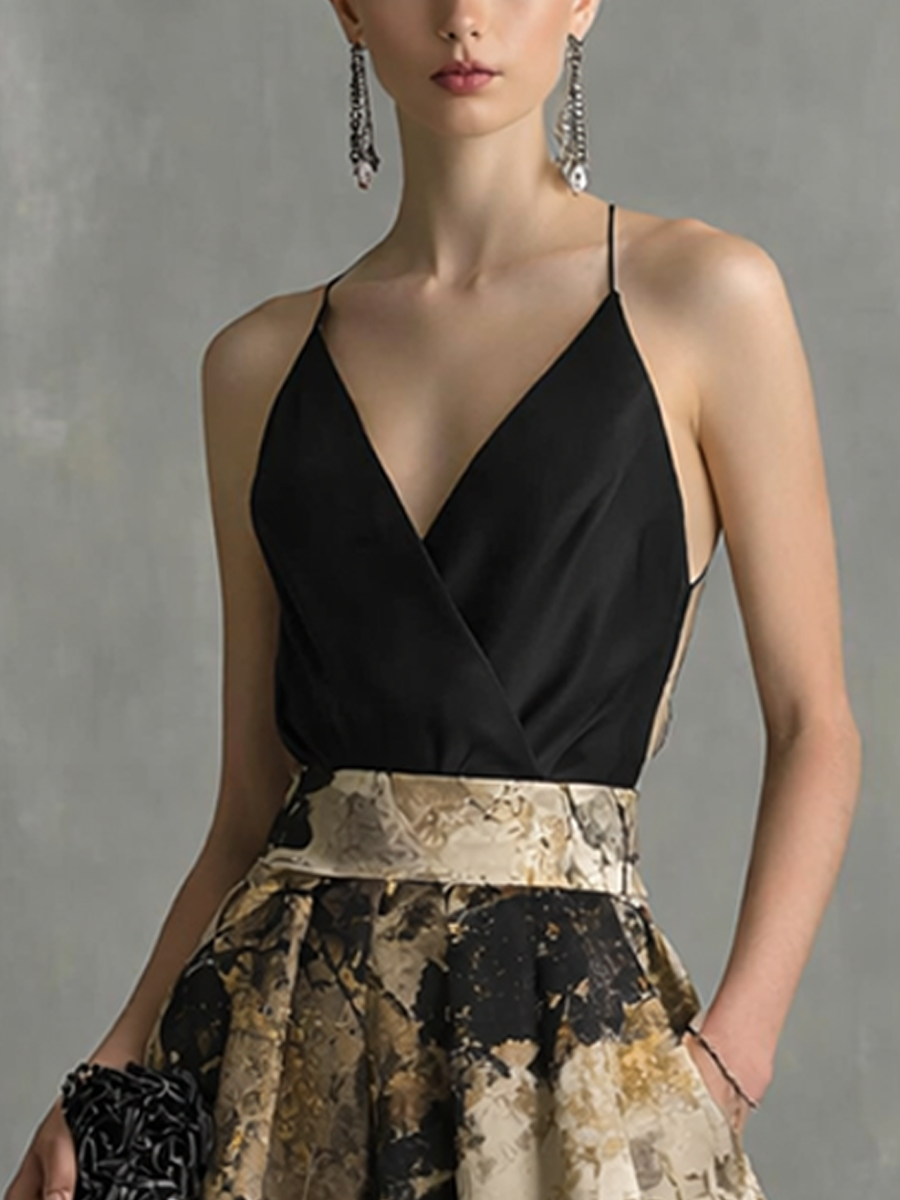 VESTIDO LARGO ELEGANTE CON ESTAMPADO ABSTRACTO, ESCOTE EN V Y TIRANTES