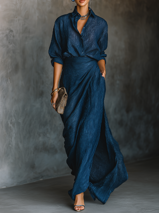 Conjunto Falda Larga y Blusa Algodón Lino Azul Marino