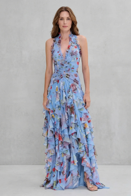 Belladina | Vestido largo con escote halter y cascada romántica de rosas