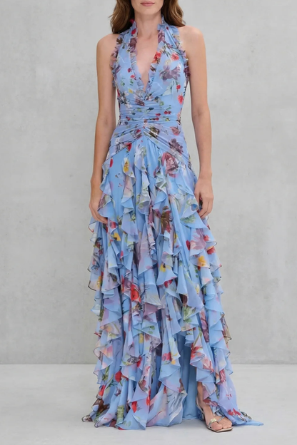 Belladina | Vestido largo con escote halter y cascada romántica de rosas