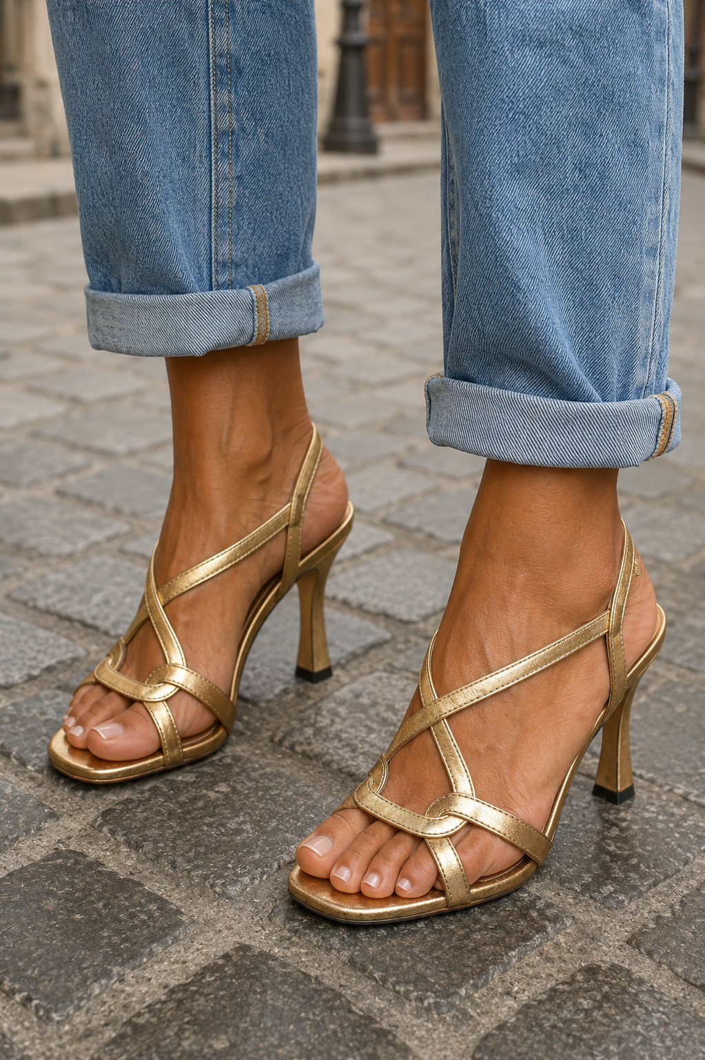 Estíbaliz - Tacones Dorados Metálicos con Tiras Cruzadas para Verano