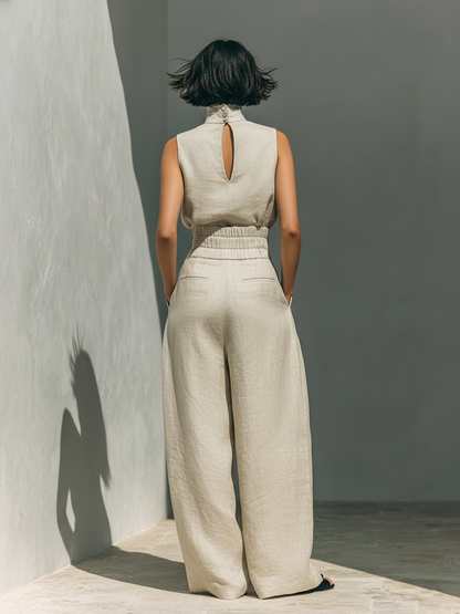 Conjunto Mujer Algodón Lino Sin Mangas Pantalón Ancho