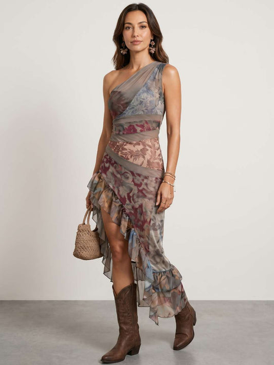 Vestido tul estampado volantes