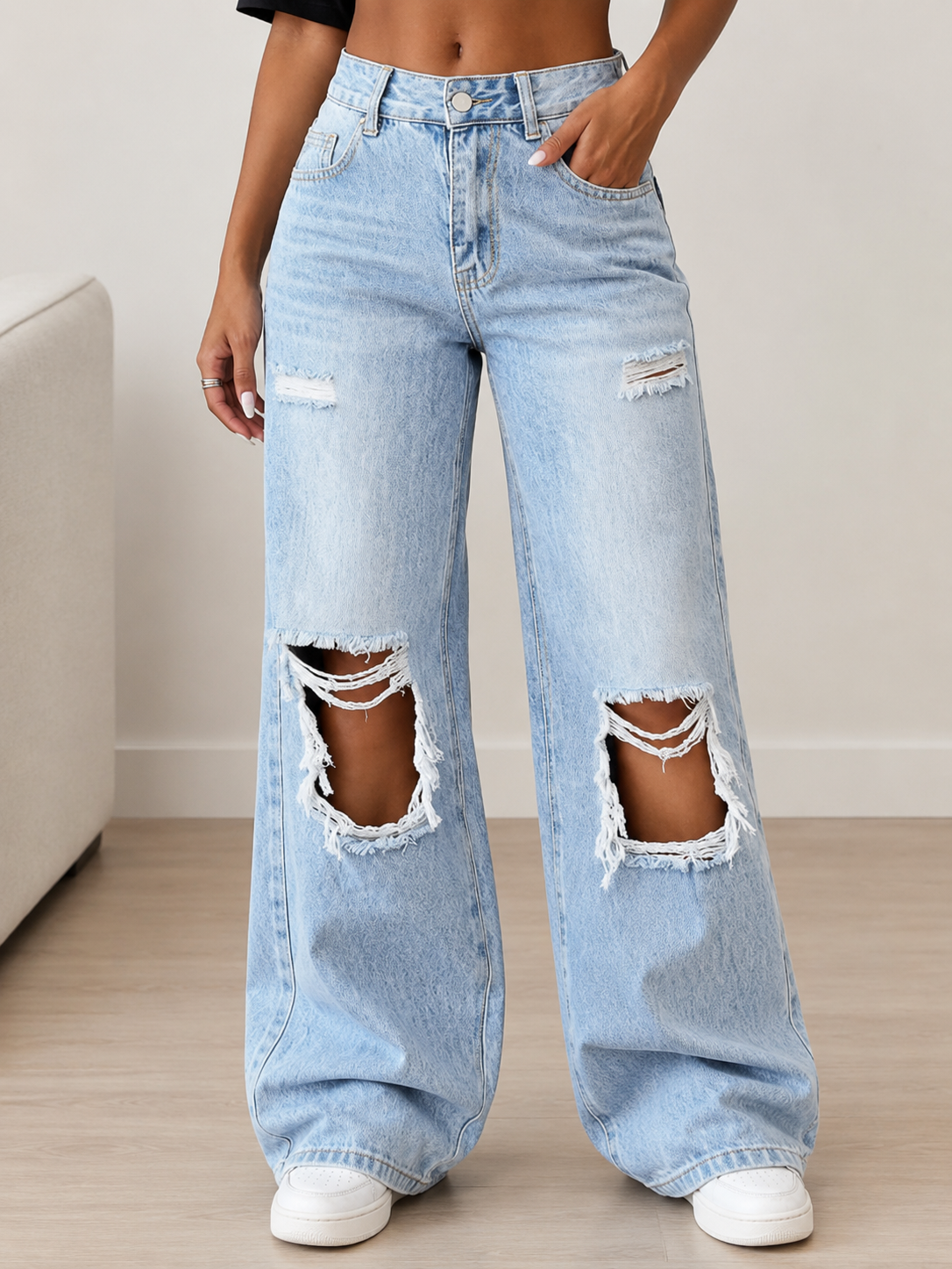 Pantalón Vaquero Roto de Pierna Ancha para Mujer
