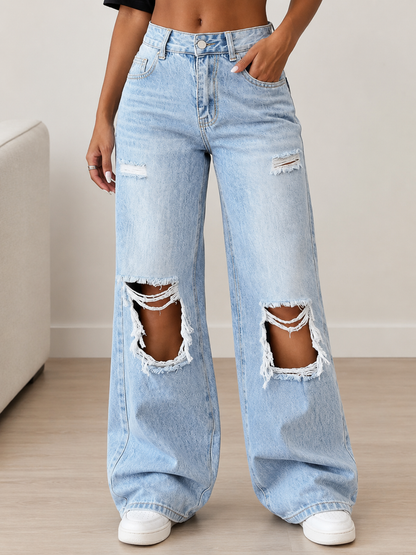 Pantalón Vaquero Roto de Pierna Ancha para Mujer