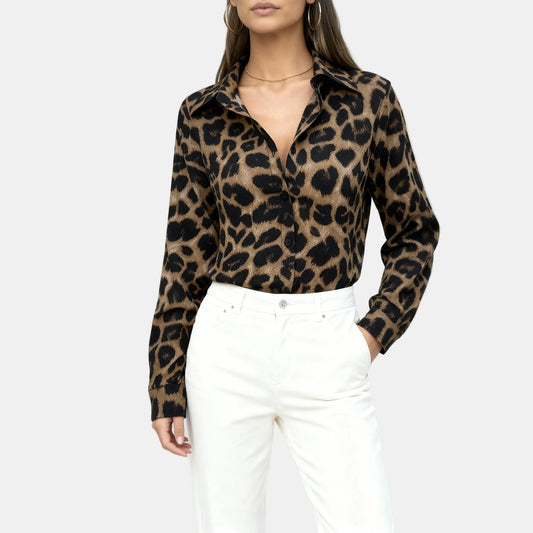Camisa de Manga Larga con Estampado Leopardo y Hebilla