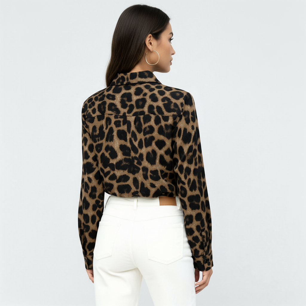 Camisa de Manga Larga con Estampado Leopardo y Hebilla