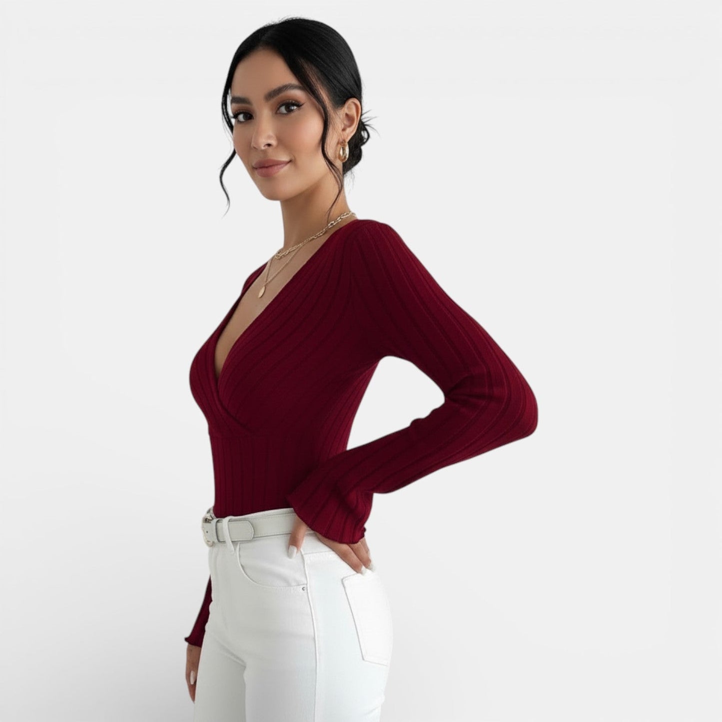 Camiseta Mujer Canalé Escote V Manga Larga