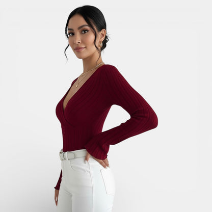 Camiseta Mujer Canalé Escote V Manga Larga