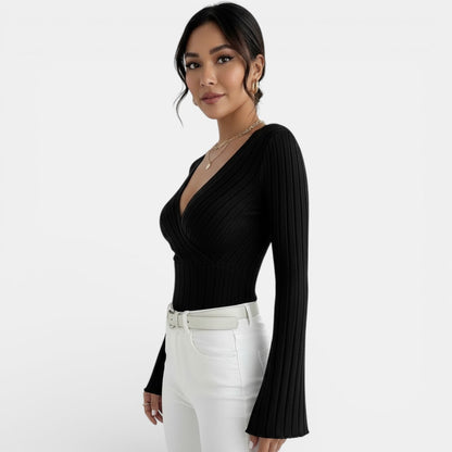 Camiseta Mujer Canalé Escote V Manga Larga