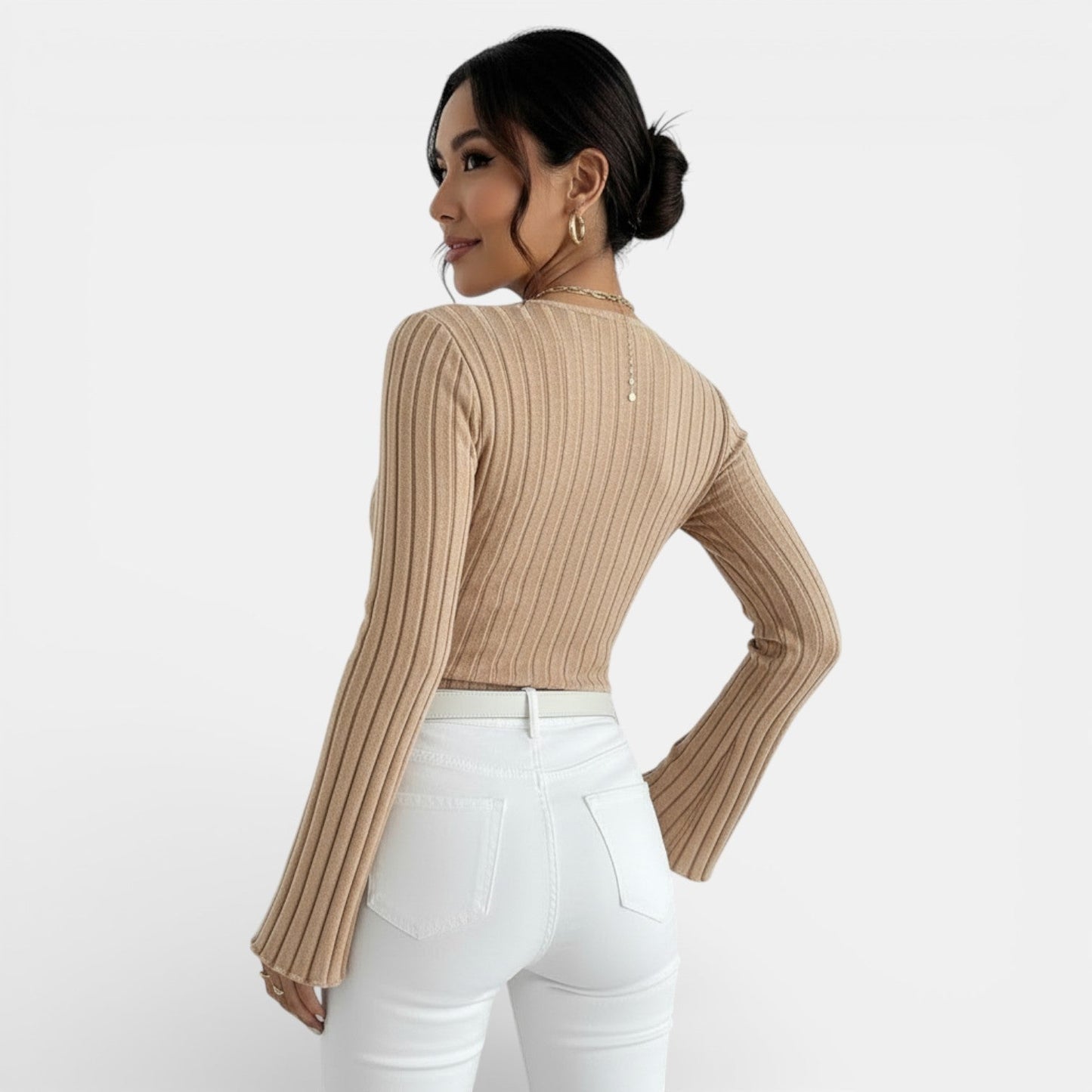 Camiseta Mujer Canalé Escote V Manga Larga
