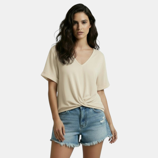 Camiseta Mujer Cuello V Nudo Irregular Casual Chic