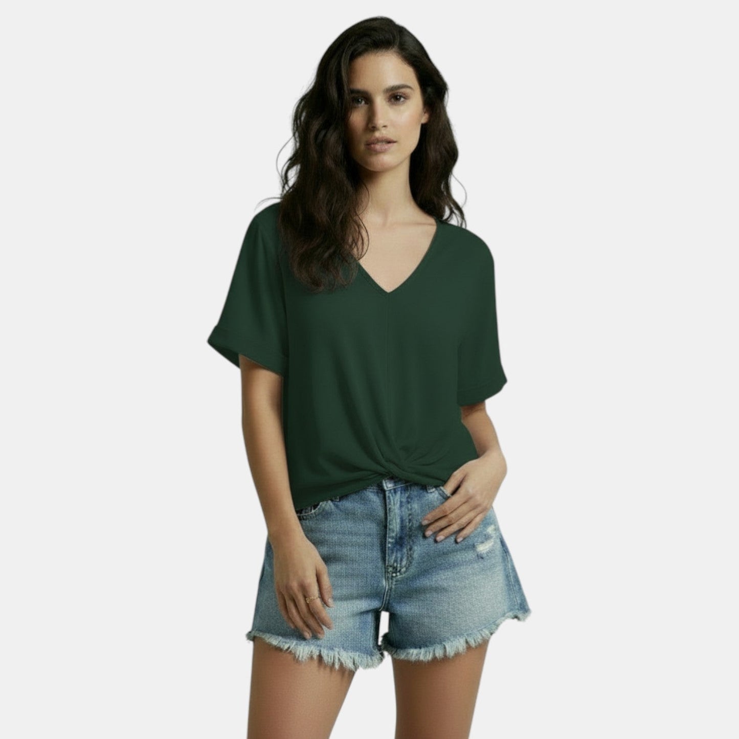 Camiseta Mujer Cuello V Nudo Irregular Casual Chic
