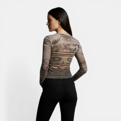 Camiseta Mujer de Malla Estampada Manga Larga Ajuste Ligero