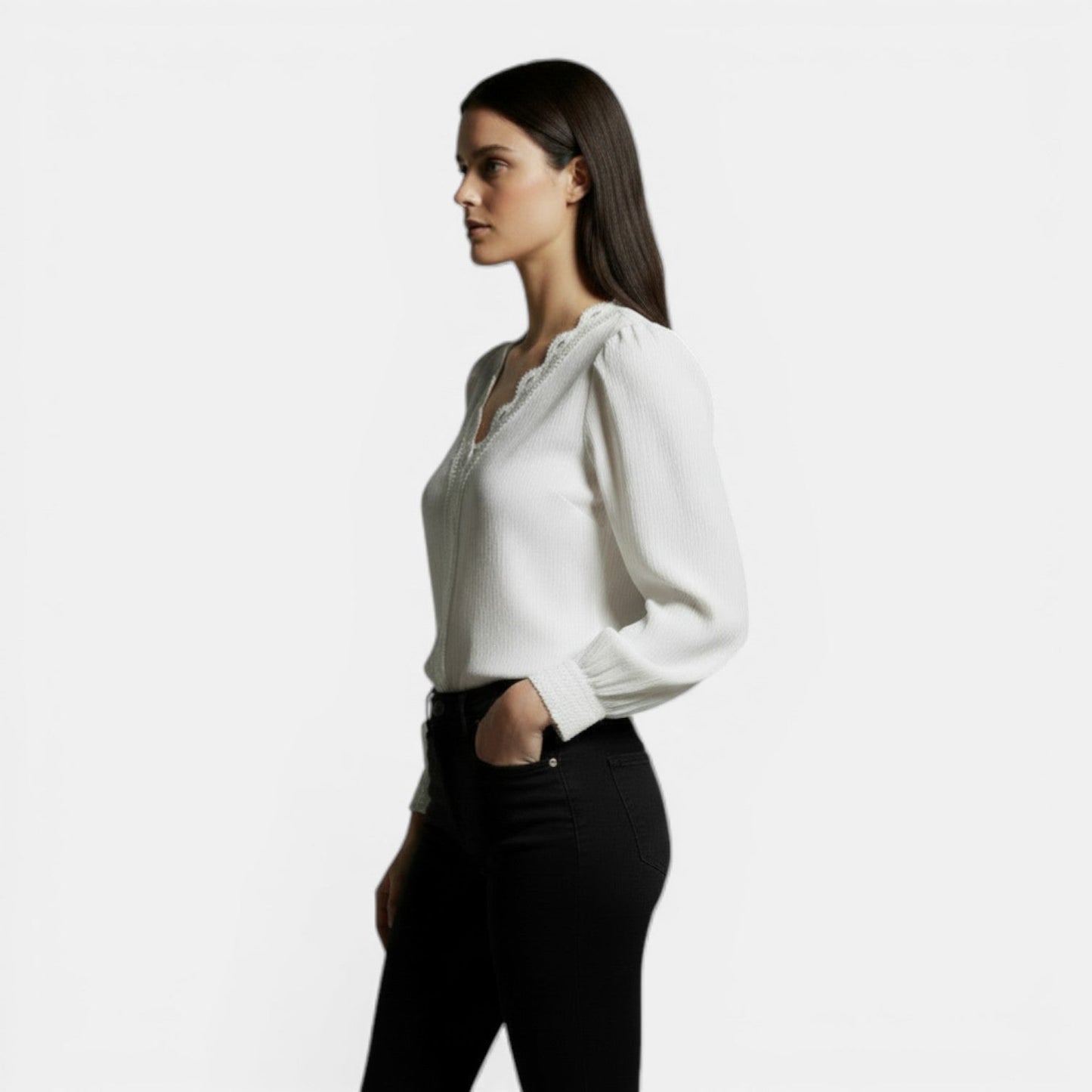 Blusa Mujer Encaje Manga Larga Escote en V