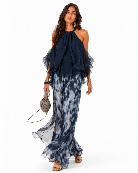 Conjunto De Chiffon Con Top De Cuello Alto Y Pantalón