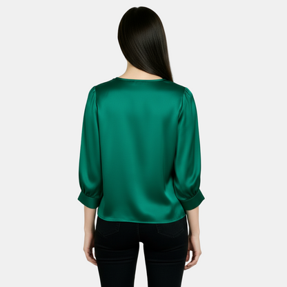 Blusa de Seda Satinada Para Mujer, Manga Corta - Camiseta Básica