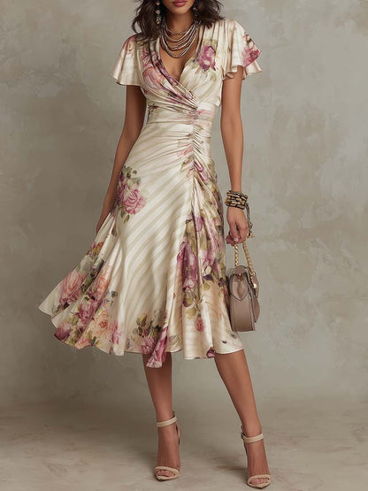 Alba | Vestido midi satinado floral elegante estilo retro