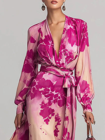 Ariadna | Vestido largo floral rojo con escote en V y cintura definida