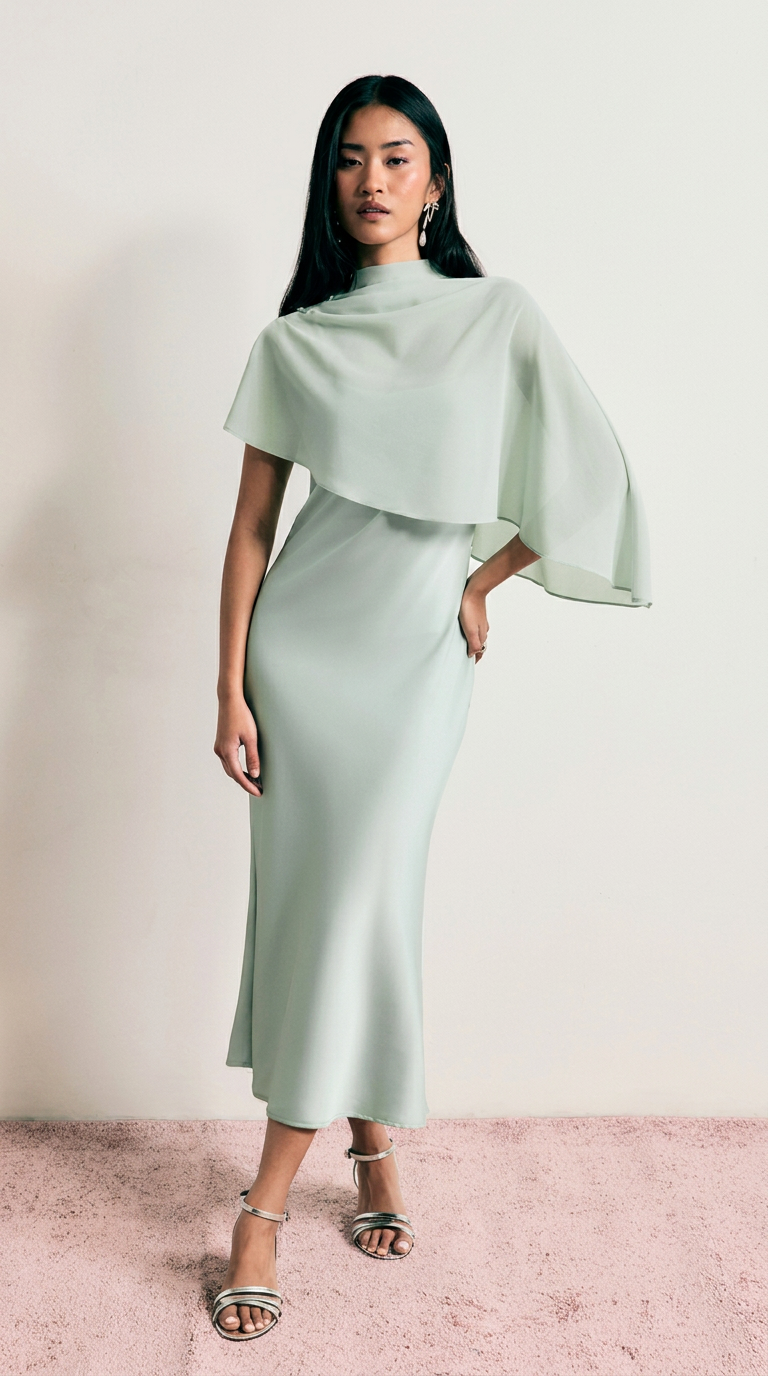 Vestido Maxi de satén con cuello alto y mangas capa - Verde